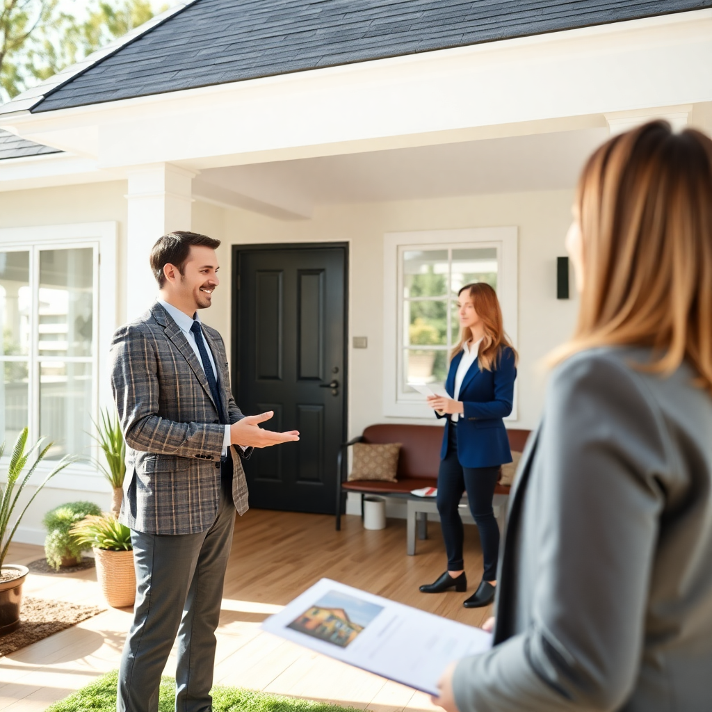real estate agent showing house to potential buyers, professional marketing materials